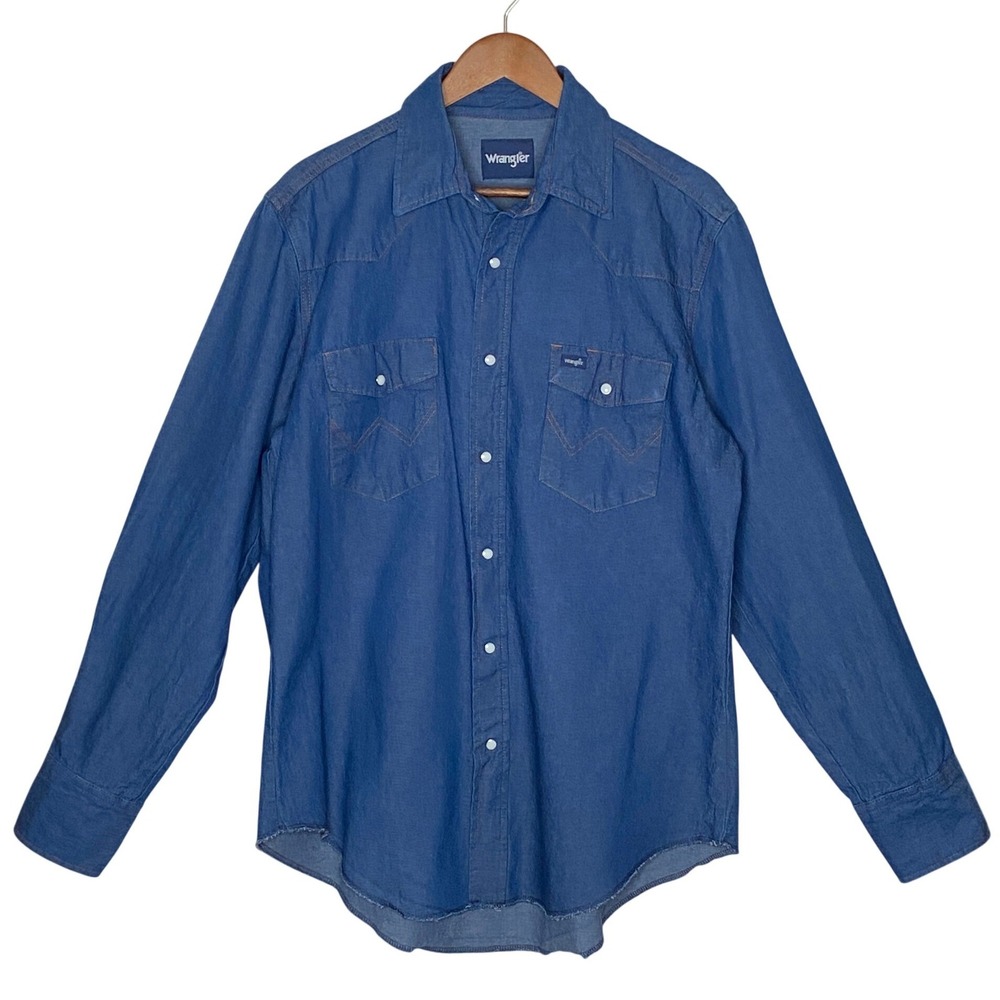 Wrangler Mens Cowboy Cut Denim Pearl Snap Work Shirt L Blue Western Ranch Rugged